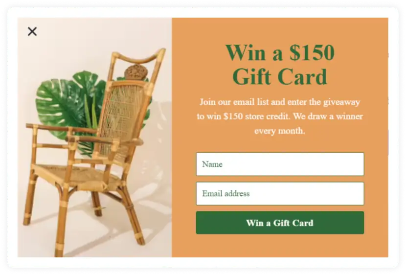 pop-up showing chance to win $150 gift card 