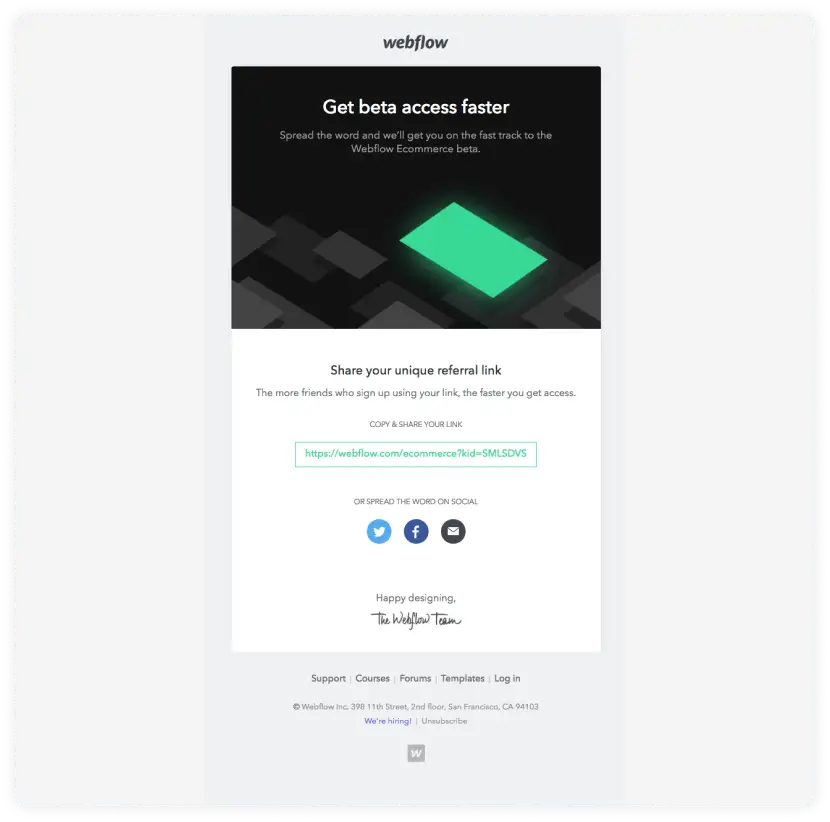 Webflow's email with a referral link