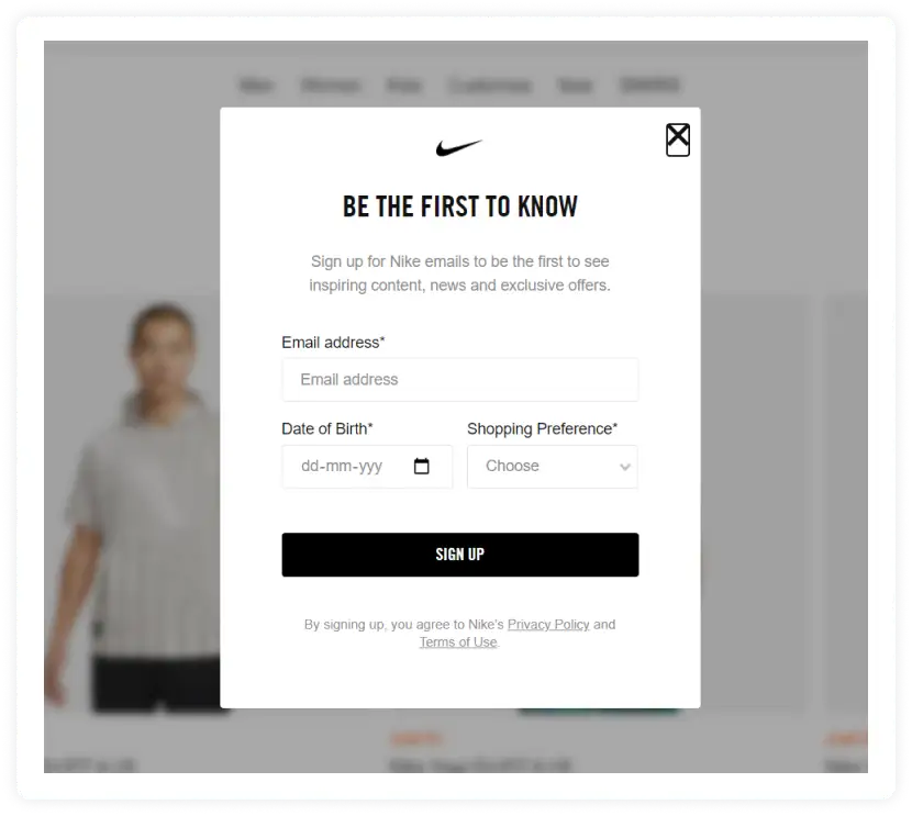 Nike's pop-up for newsletter sign-up