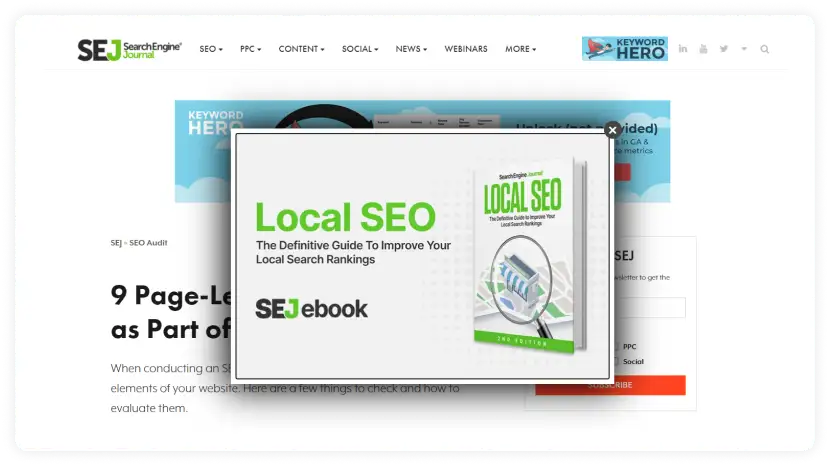 Search engine journal's pop-up promoting their free Local SEO e-book