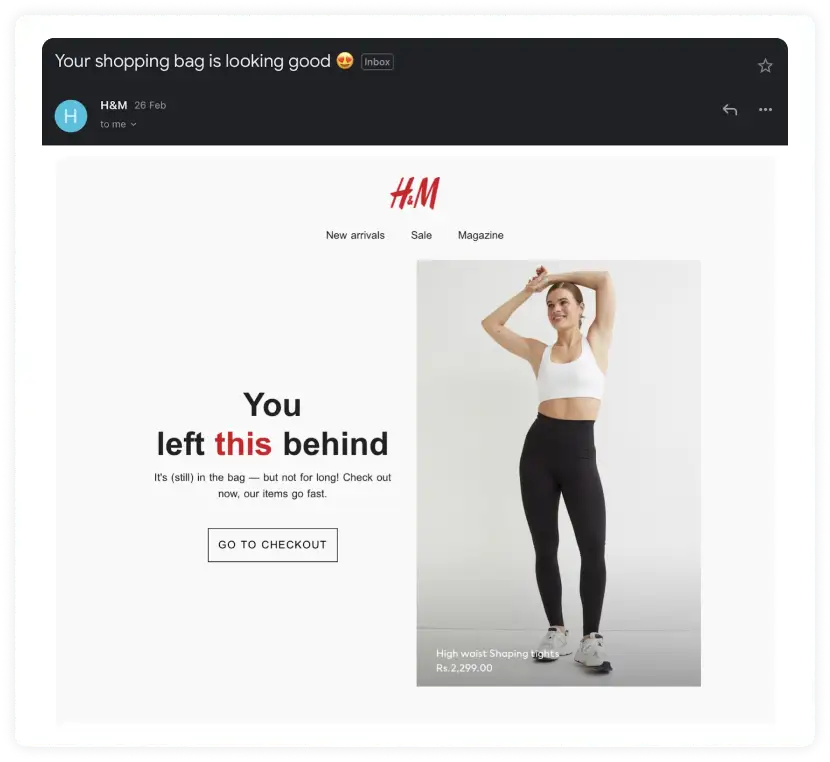 H\&M abandoned cart retargeting email example