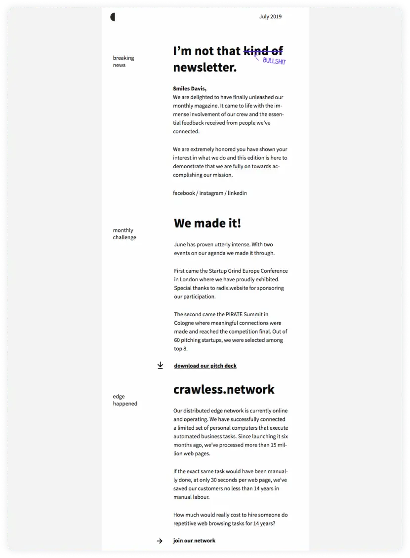 F-pattern layout design in Crawless's newsletter