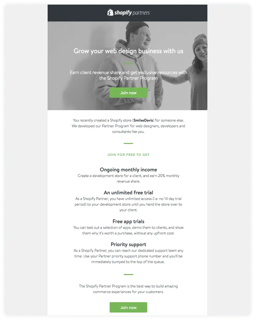 Shopify's b2b email promoting their partner program