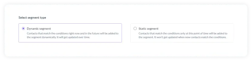 Mailmodo's segmentation dashboard showing dynamic and static segment options