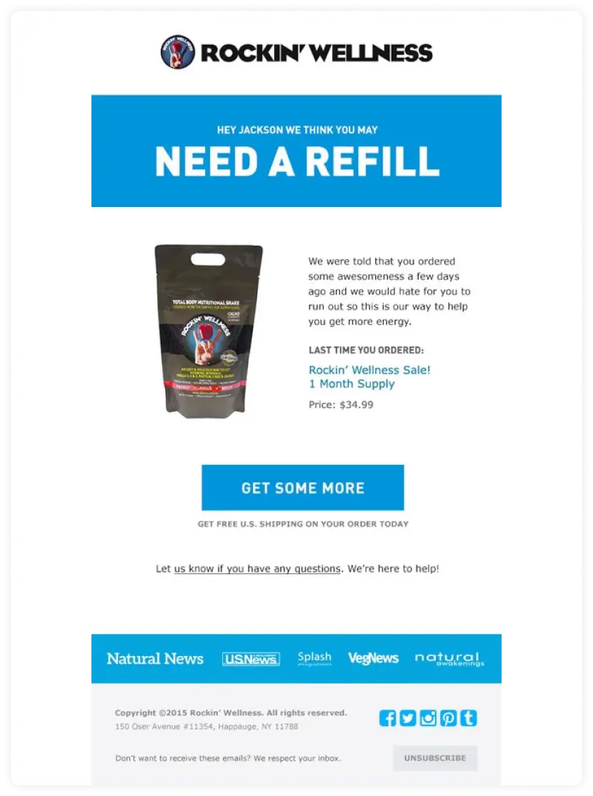 Email asking users to refill their last purchase