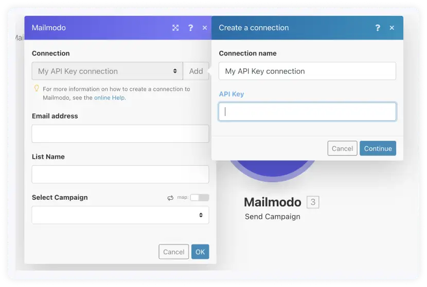 Click mailmodo, click add, and paste api key