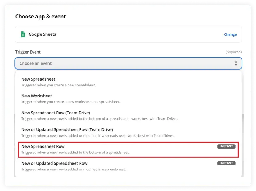 Choose 'New Spreadsheet Row'. Then click on 'Continue.'