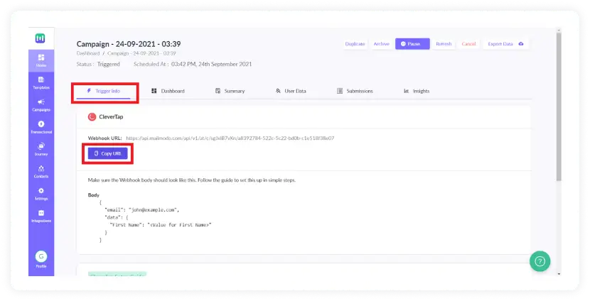 Copy webhook url from tigger info tab