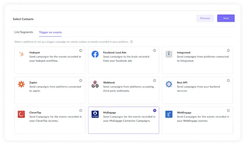 From trigger on events, select 'MoEngage' and click Next