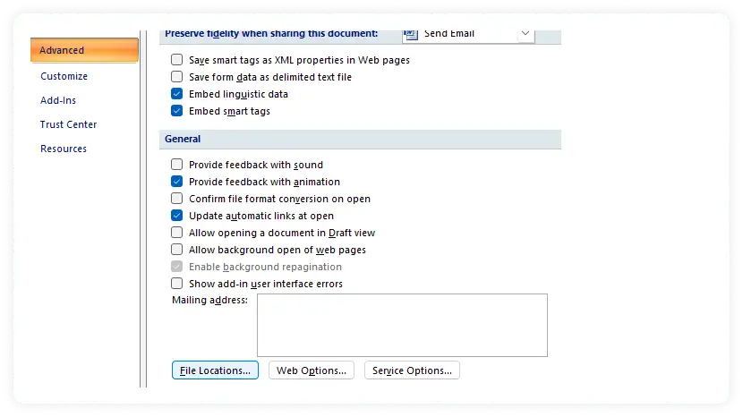 Choose file locations option in General section under Advanced column