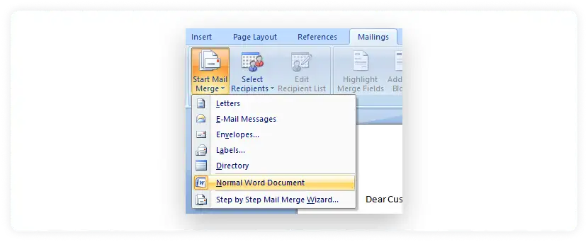 Choose the normal word document option in the Start Mail Merge section under the Mailings menu