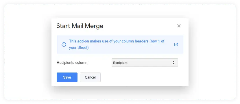 Mail merge configuration popup