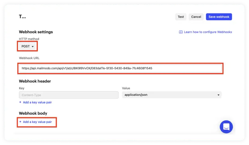 Select HTTP method as POST and paste the webhook copied from Mailmodo's trigger info section