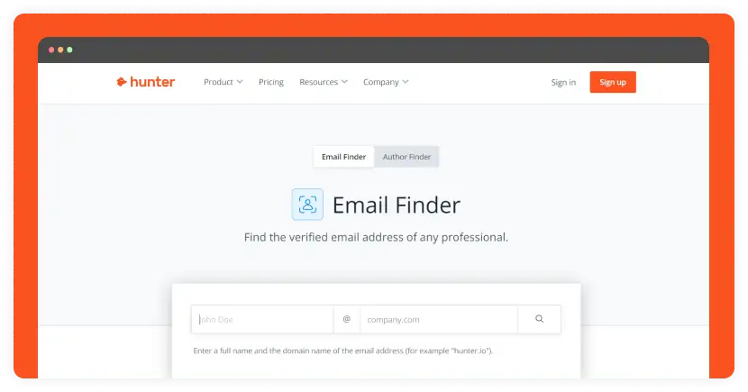 Hunter email finder page screenshot