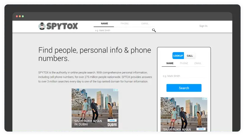 Spytox email lookup page screenshot