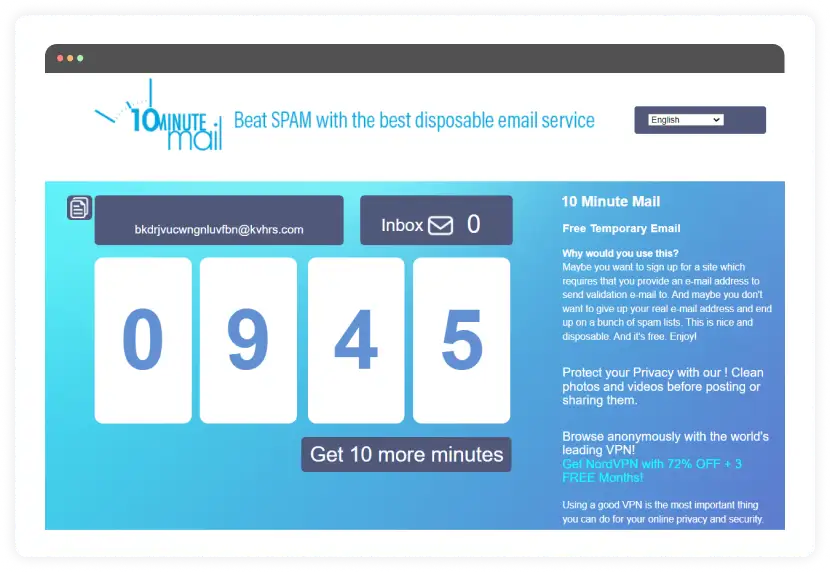 10 Minute mail homepage screenshot