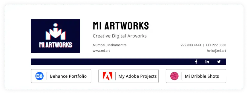 Email signature with Behance, Adobe, and My Dribble portfolio links