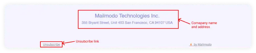 Company' name, location and unsubscribe link in email footer