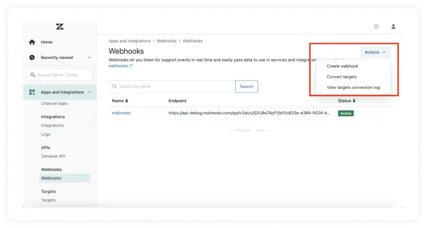 Go to Actions > Create Webhook.