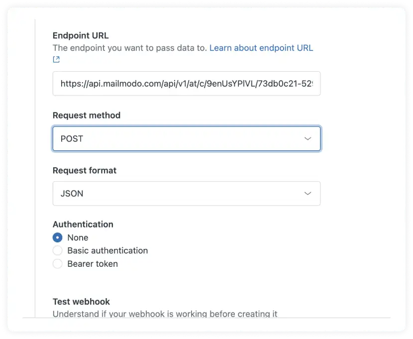 Select Request method as POST. Select Request format as JSON. Select None under Authentication.