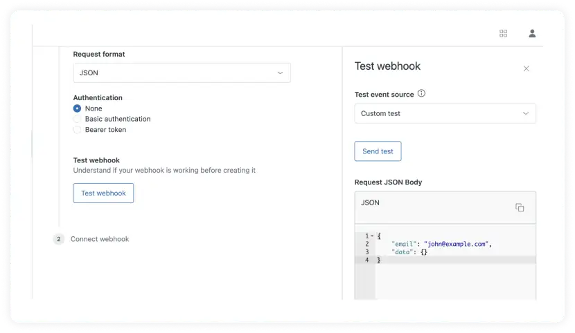 Click on Test webhook. Select Test event source as Custom test. Paste the following in the Request JSON Body.