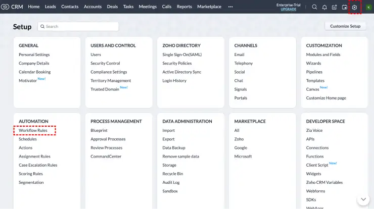 Click on Setup (Gear Icon) > Automations > Workflow Rules