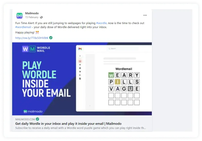 Screenshot of Mailmodo's Wordle email post on Facebook