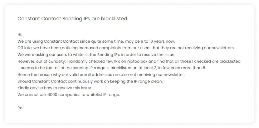Constant Contact user discussing Constant Contact's backlisted IP issue