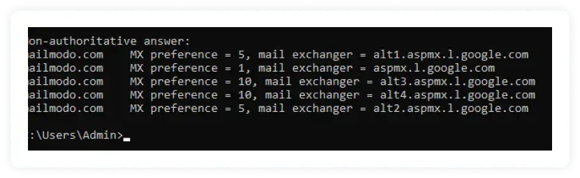 Image showing MX records of mailmodo.com