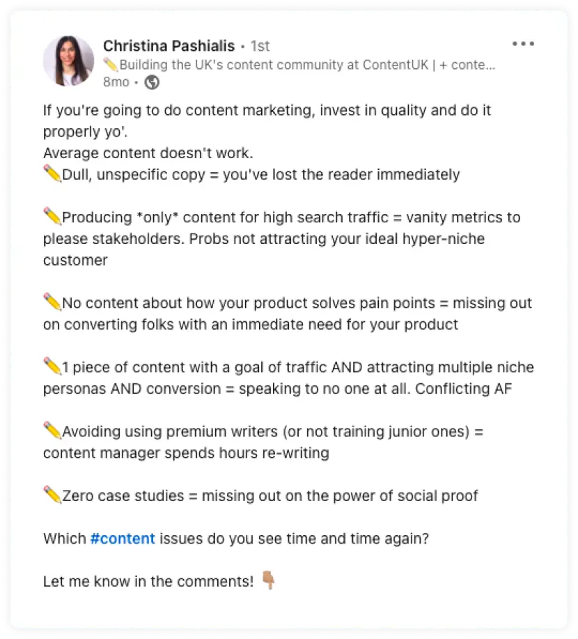 LinkedIn's content reach is high, as shown by Christina Pashialis