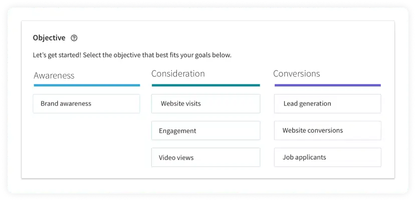 LinkedIn ad's objective selection page