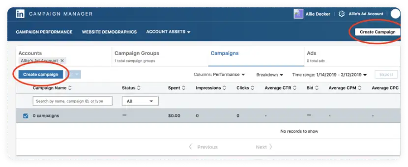 Create a LinkedIn ad campaign page