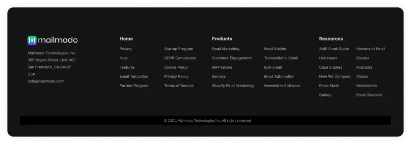 Mailmodo's footer screenshot