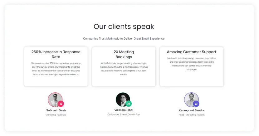 Client's testimonials on landing page