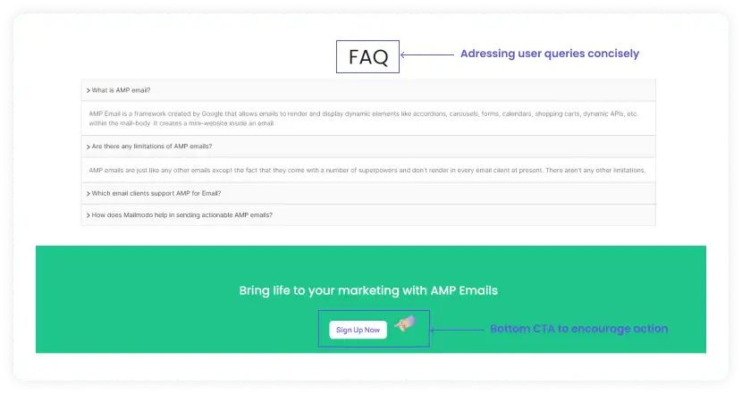 FAQ section on landing page followed by a clear CTA