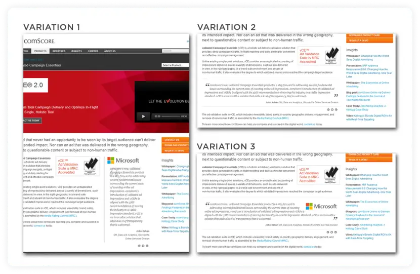 Comscore's A/B testing variation screenshot