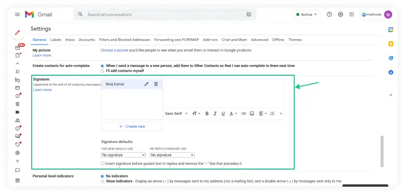 Snapshot of email signature section in Gmail