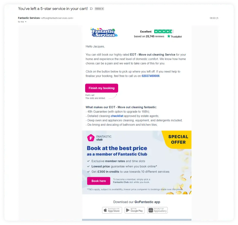 Cart abandonment email example by Fantastic Services