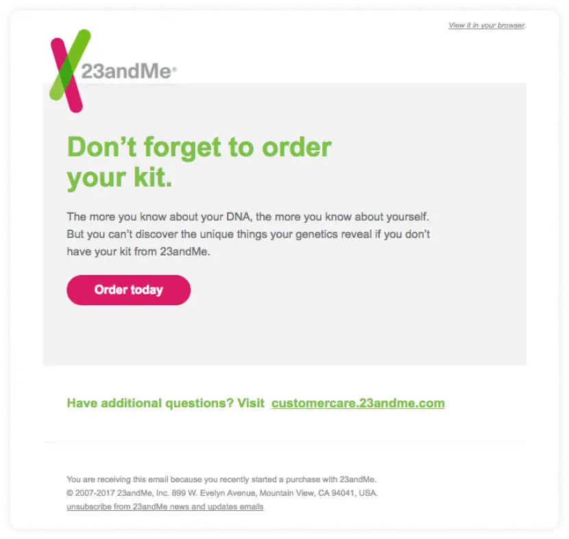 Cart abandonment email example by 23andMe