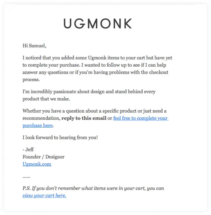 Cart abandonment email example by Ugmonk.