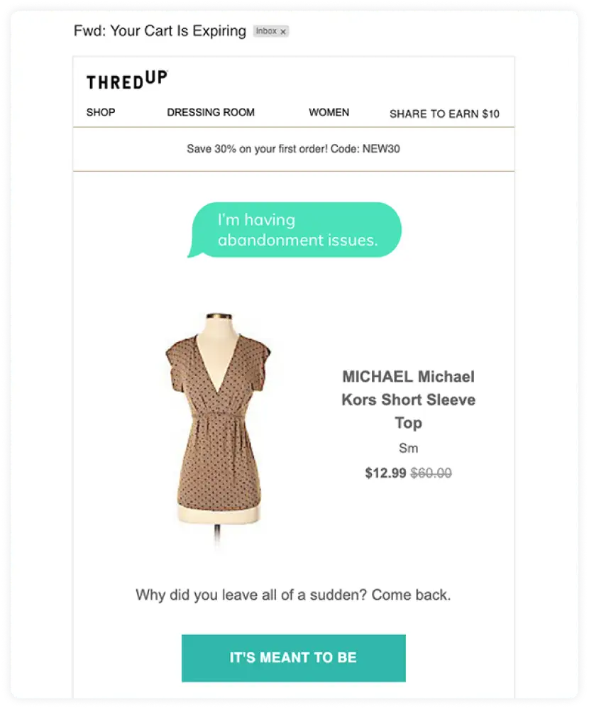 Cart abandonment email example by Thredup
