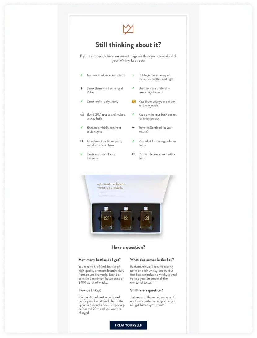 Cart abandonment email example by Whiskey loot