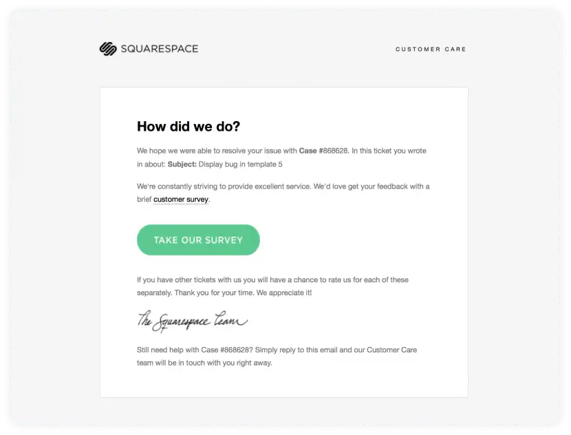 Feedback email from Squarespace