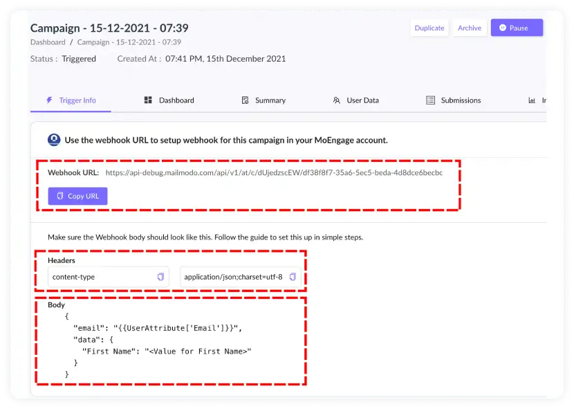 Mailmodo's transactional email campaign summary dashboard