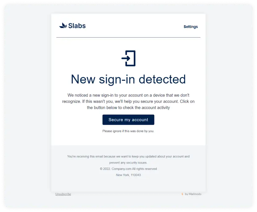Account and security alert email by Mailmodo