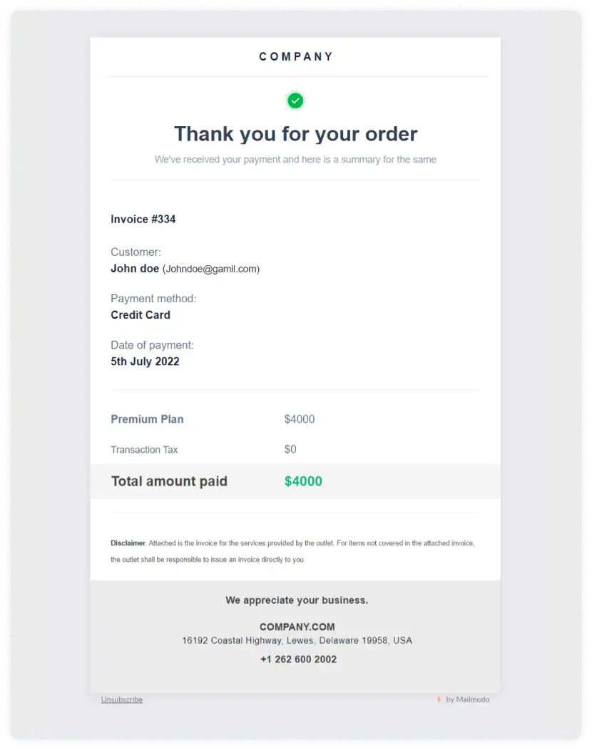 Invoice email template for B2B SaaS by Mailmodo