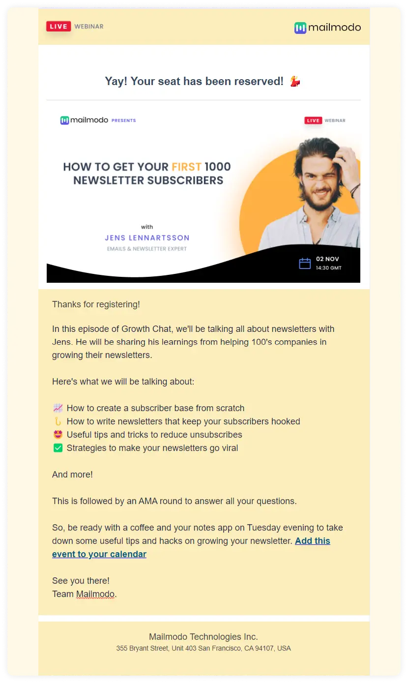 Webinar seat confirmation email by Mailmodo