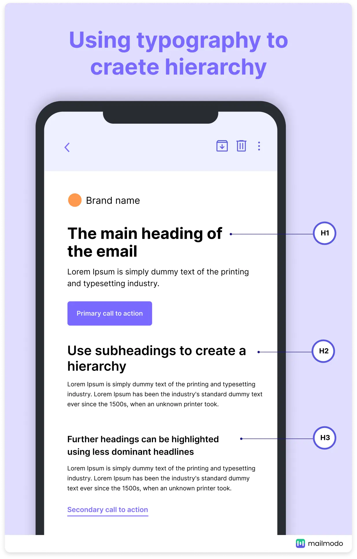 Using typography (heading and subheadings) to create hierarchy in the email
