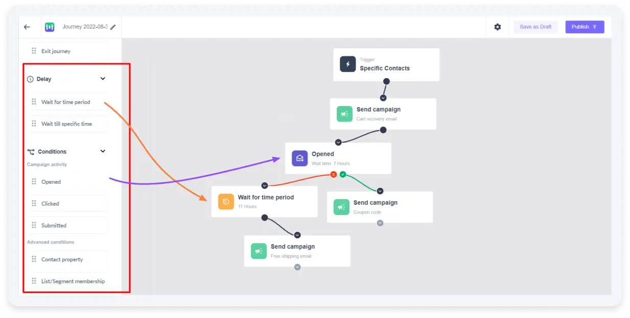 Conditions and delays in Mailmodo's email automation journey builder