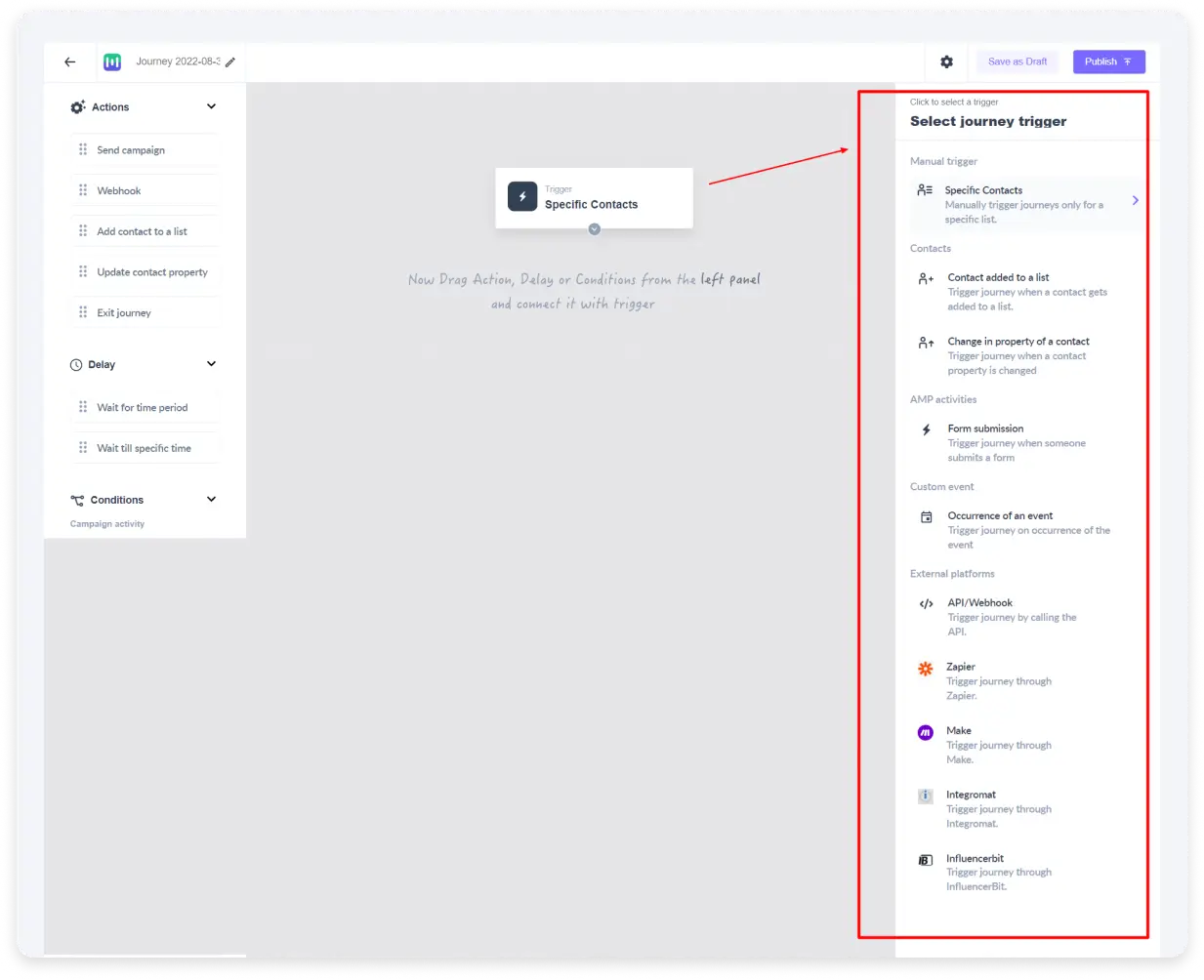 Select contacts from Mailmodo's journey builder